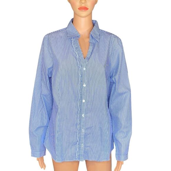 L.L. Bean Pin Stripe Button Down Blouse Subtle Ruffle Detail Womens Size Large - Picture 1 of 5